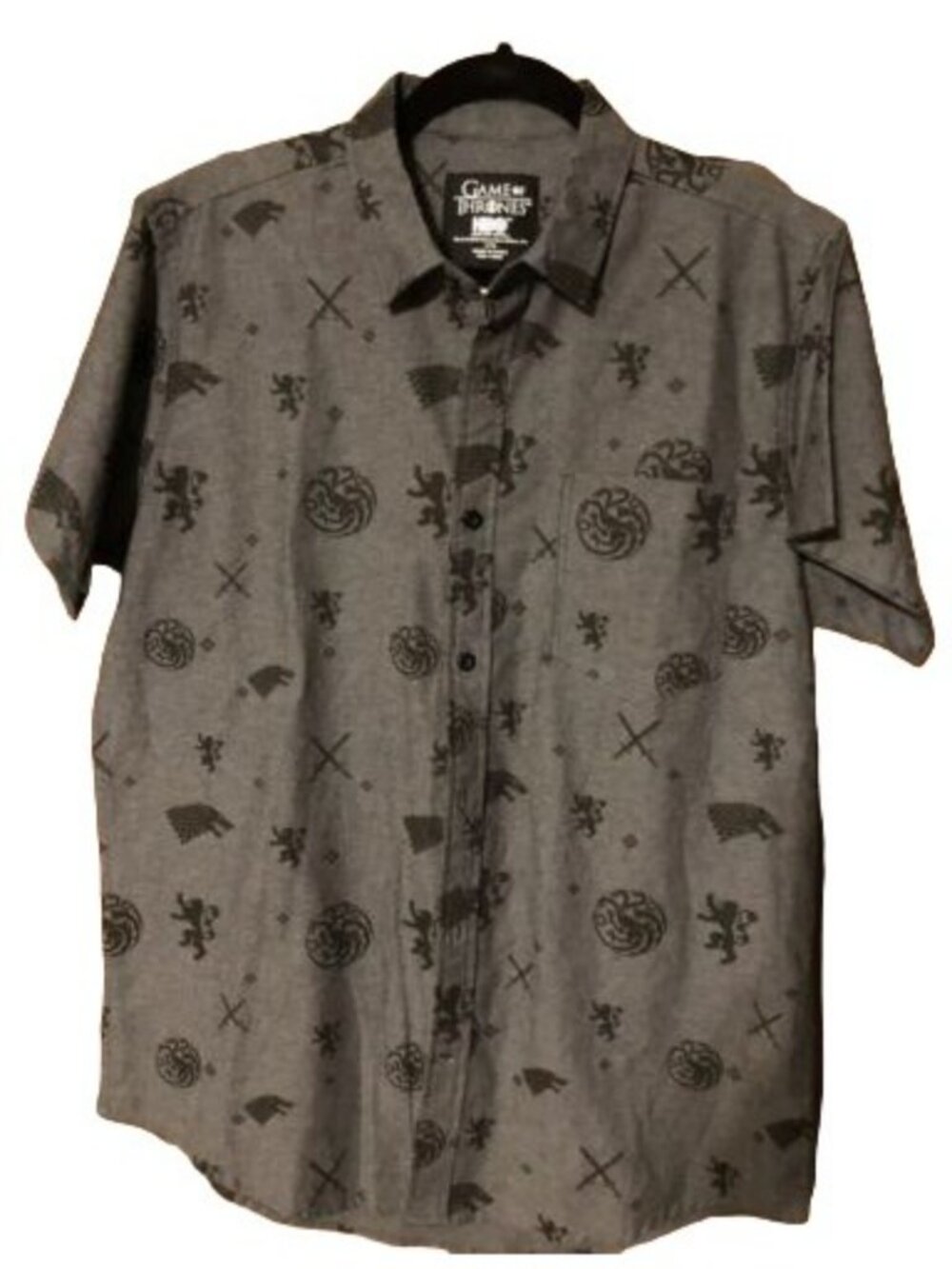 Men's HBO GoT Game of Thrones Button Down Collared Gray Shirt, Small
